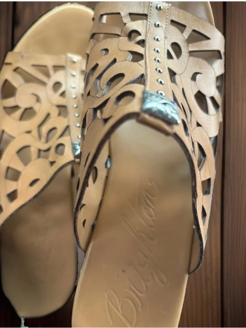 Brighton Beige Cutout Wedge Slide Sandals Made in Brazil size 8.5 good condition